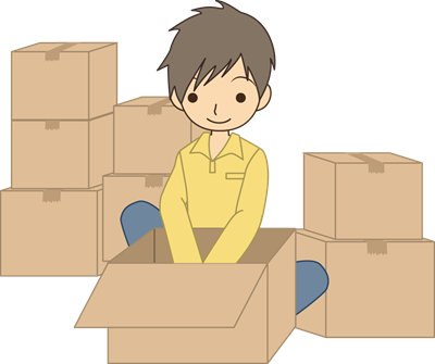 4、単身(一人暮らし)の男性が山祇のダンボールの部屋で引っ越しの準備をするイラスト 4、単身(一人暮らし)の男性が山祇のダンボールの部屋で引っ越しの準備をするイラスト
